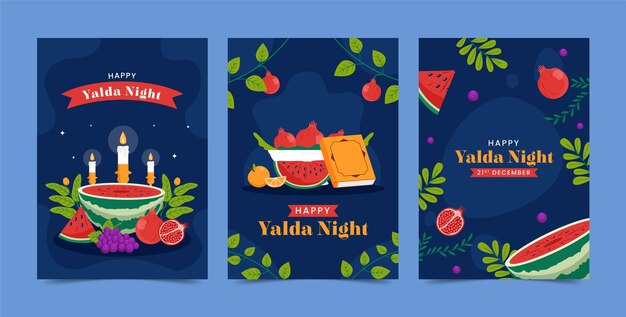 Flat greeting cards collection for yalda night festival celebration with fruit and candles