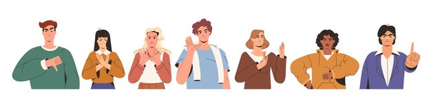 Flat group of young people showing refusal or negative emotions with gesture Rejection thumb down or stop hand signs Displeased men and women faces expressing rejection disagree denial or protest