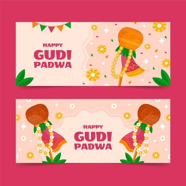 Flat gudi padwa horizontal banners set