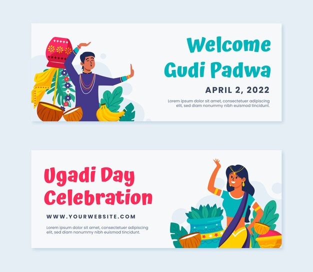 Flat gudi padwa and ugadi horizontal banners set