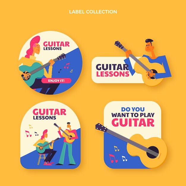 Free vector flat guitar lessons labels collection