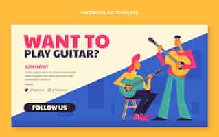 Бесплатное векторное изображение Рекламный шаблон уроков плоской гитары в социальных сетях