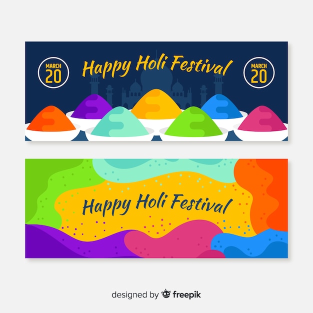 Vettore gratuito banner di gulal holi festival piatto