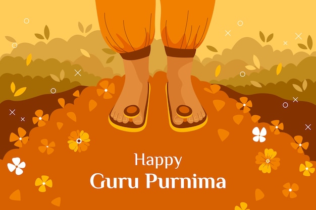 Flat guru purnima background with feet and flowers