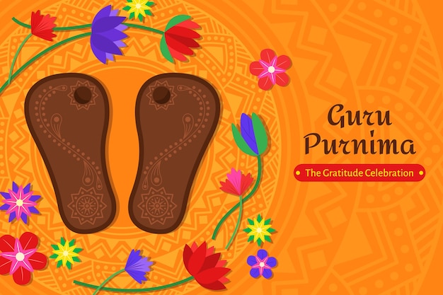 Flat guru purnima background with flip flops and flowers