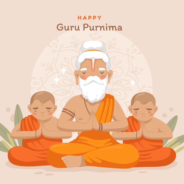 Vettore gratuito illustrazione piatta del guru purnima con i monaci che pregano