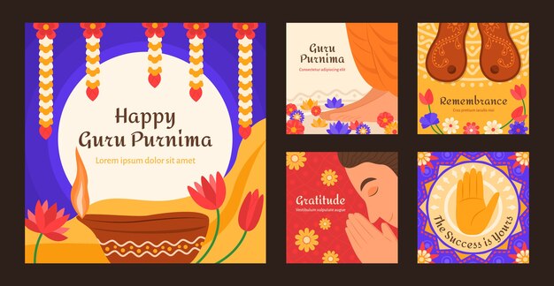 Vettore gratuito collezione di post instagram flat guru purnima