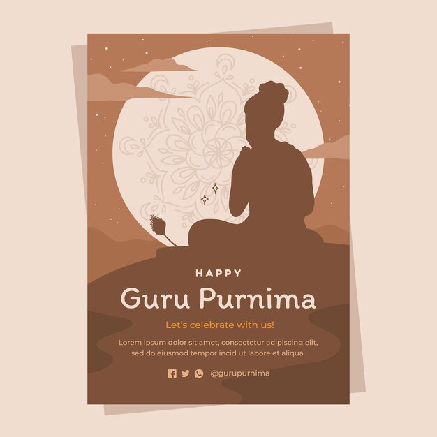 Flat guru purnima poster template with monk silhouette