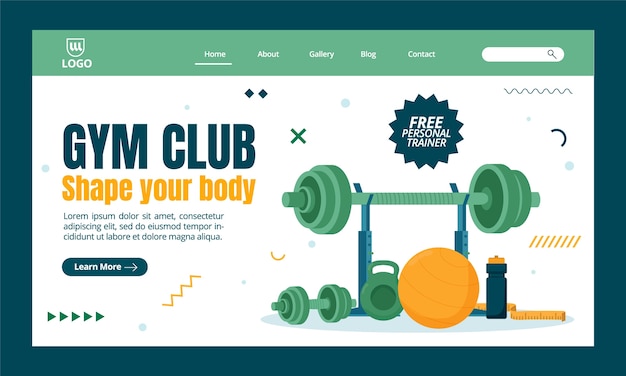 Vettore gratuito modello di pagina di destinazione del club di palestra piatto