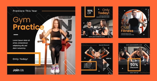 Vettore gratuito collezione di post instagram flat gym e fitness