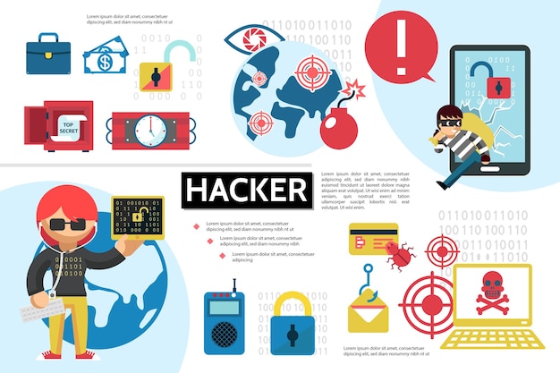 Concetto infografico hacking piatto con hacker sicuro bomba dinamite bug laptop blocco soldi telecomando illustrazione obiettivi mobili