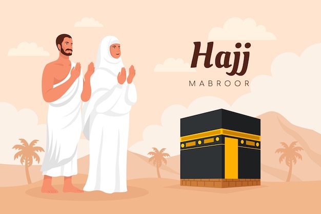 Flat hajj background with mecca and people praying