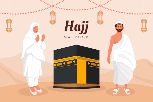 Free vector flat hajj background with people and mecca