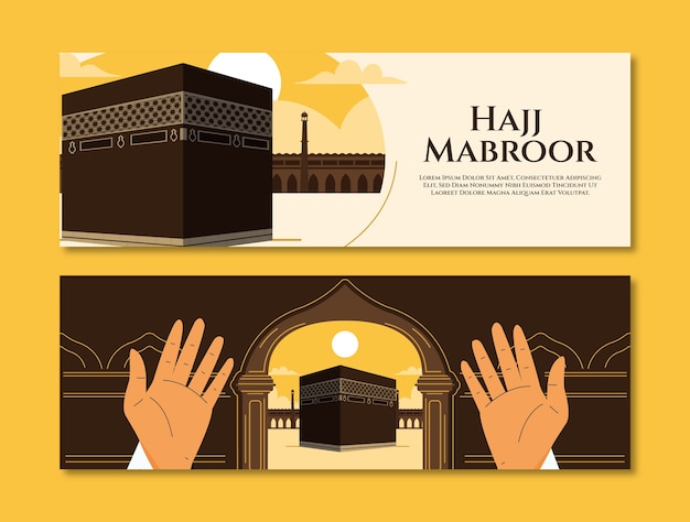 Free vector flat hajj horizontal banners set with hands in prayer stand