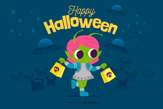 Flat halloween background with cute alien