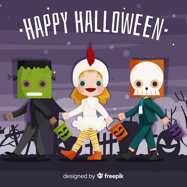 Flat halloween background with cute costumes