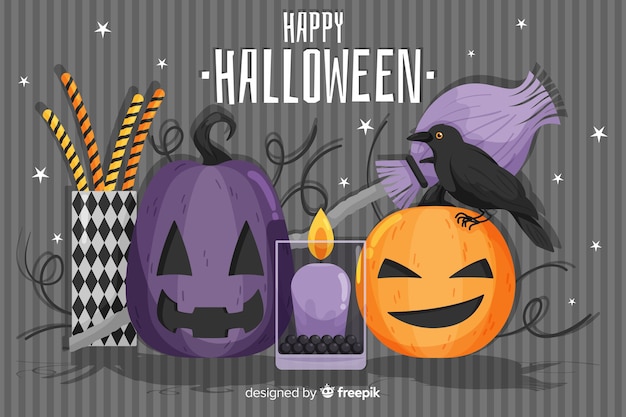 Flat halloween background with hand drawn pumpkins