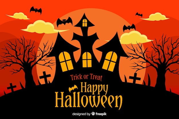 Плоский Хэллоуин фон с домом с привидениями