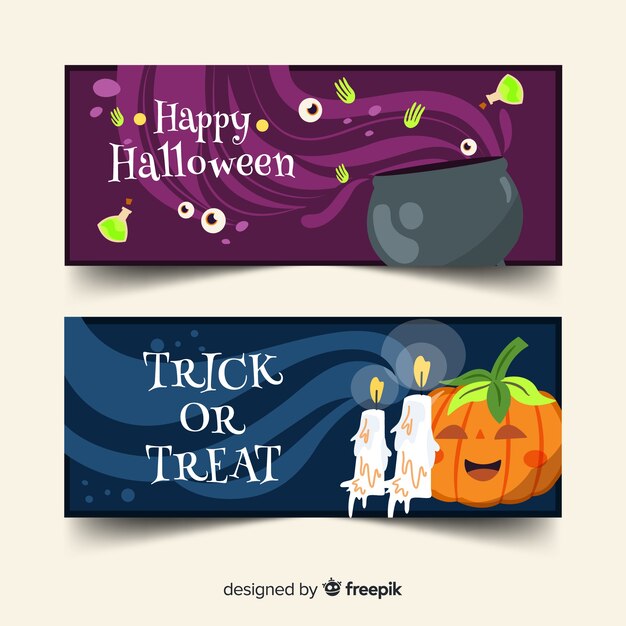 Flat halloween banners with melting pot and pumpkin