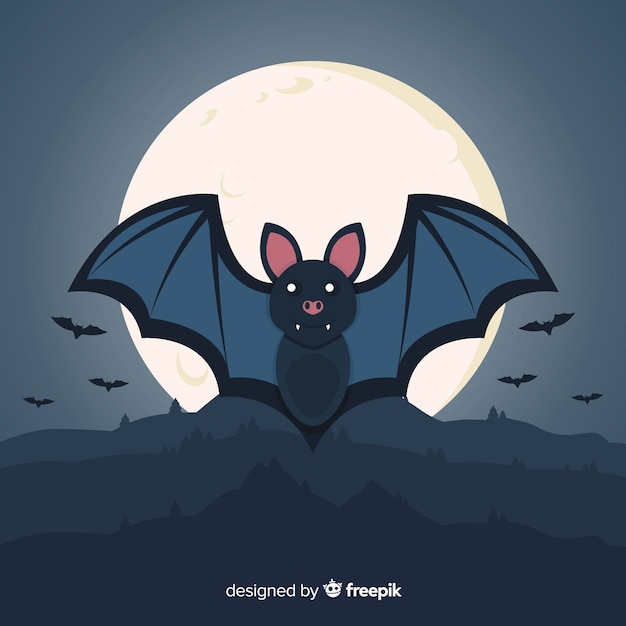 Free Vector flat halloween bat on a full moon night