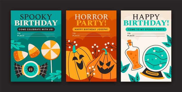 Flat halloween birthday cards collection