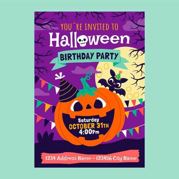 Flat halloween birthday invitation template