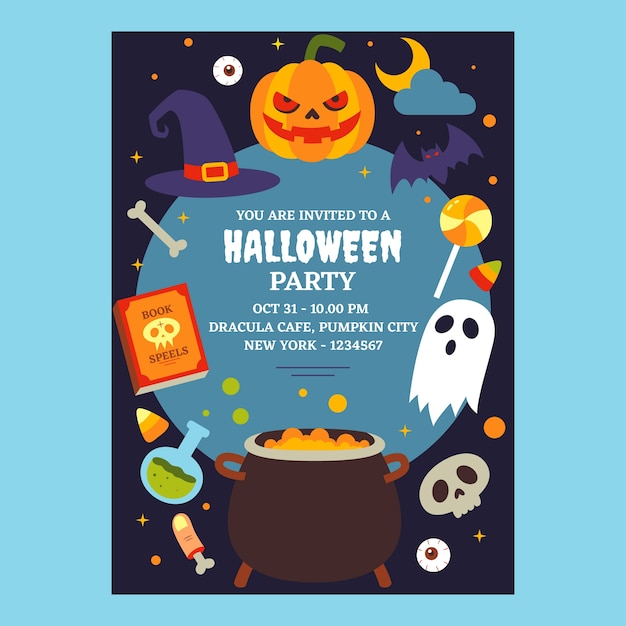 Плоский шаблон приглашения на вечеринку по случаю дня рождения хэллоуина