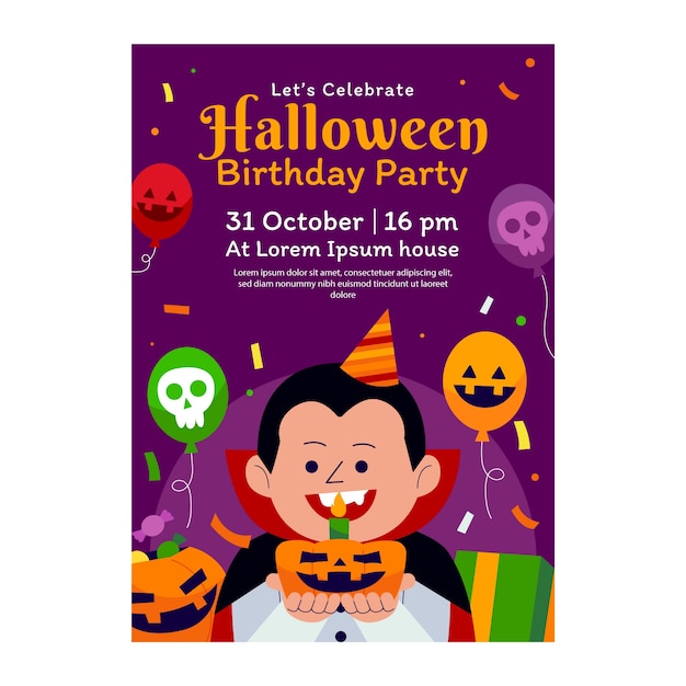 Vettore gratuito modello di invito alla festa di compleanno di halloween piatto