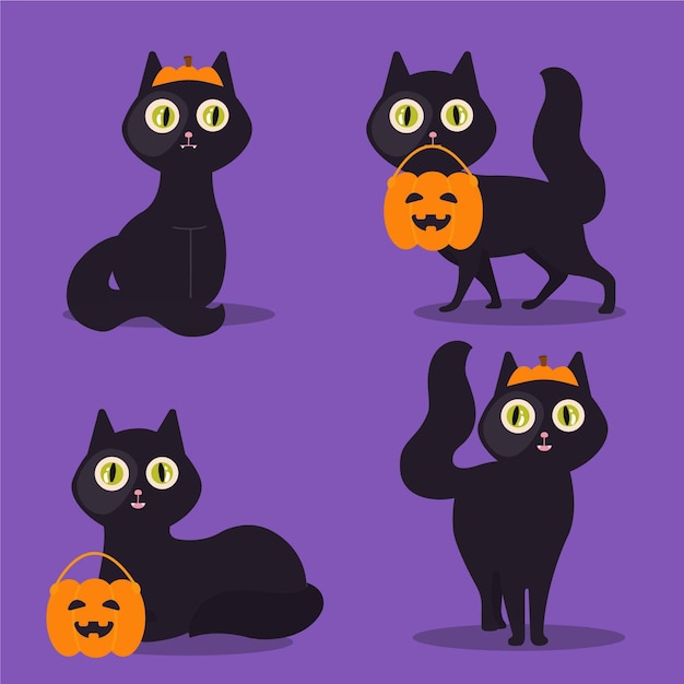 Vettore gratuito collezione piatta di gatti neri di halloween