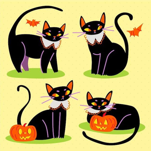 Collezione piatta di gatti neri di halloween