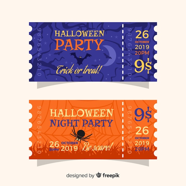 無料ベクター フラットハロウィーンブルーとオレンジのチケット