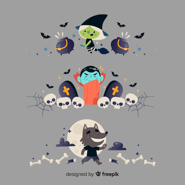 Flat halloween border collection on grey background