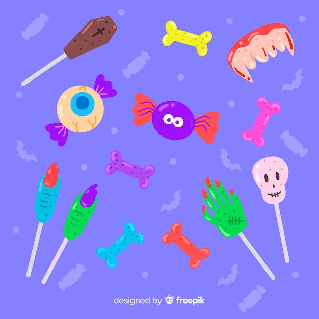 Free vector flat halloween candy collection on blue background