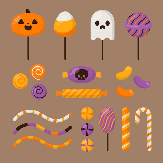 Vettore gratuito collezione di caramelle piatte di halloween