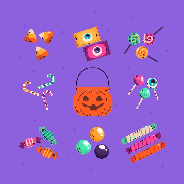 Vettore gratuito collezione di elementi di caramelle di halloween piatte