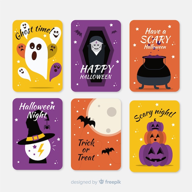 Free vector flat halloween card collection with variety of backgrounds