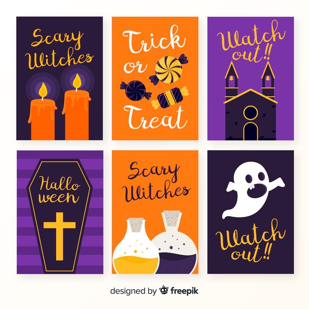 Flat halloween card template collection