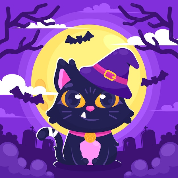 Vettore gratuito illustrazione piatta del gatto di halloween