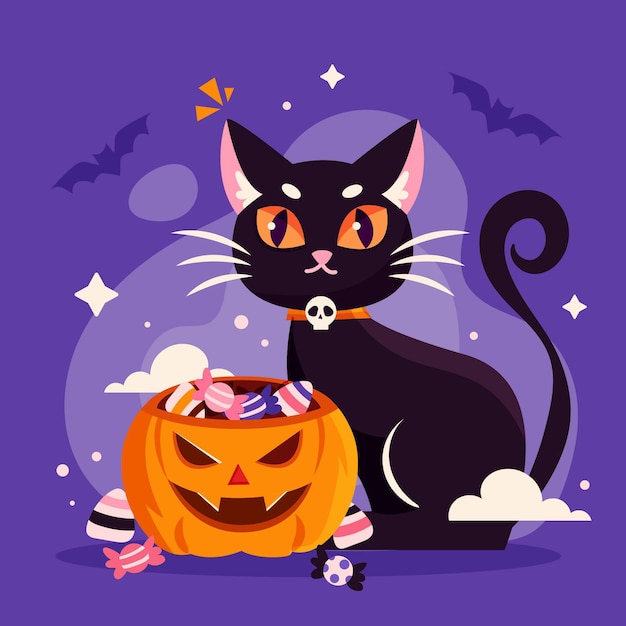 平らなハロウィーンの猫のイラスト