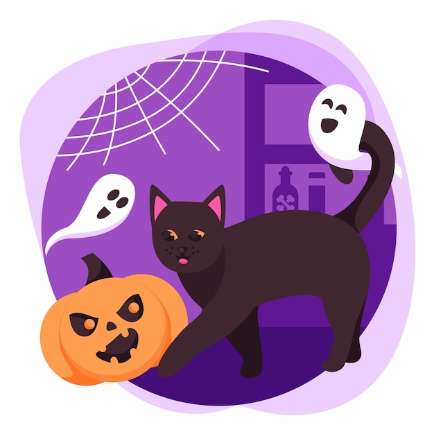 平らなハロウィーンの猫のイラスト