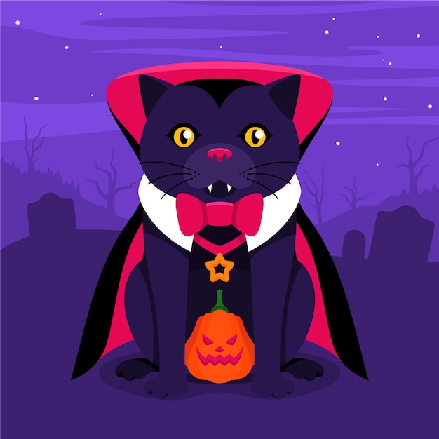 Vettore gratuito illustrazione piatta del gatto di halloween