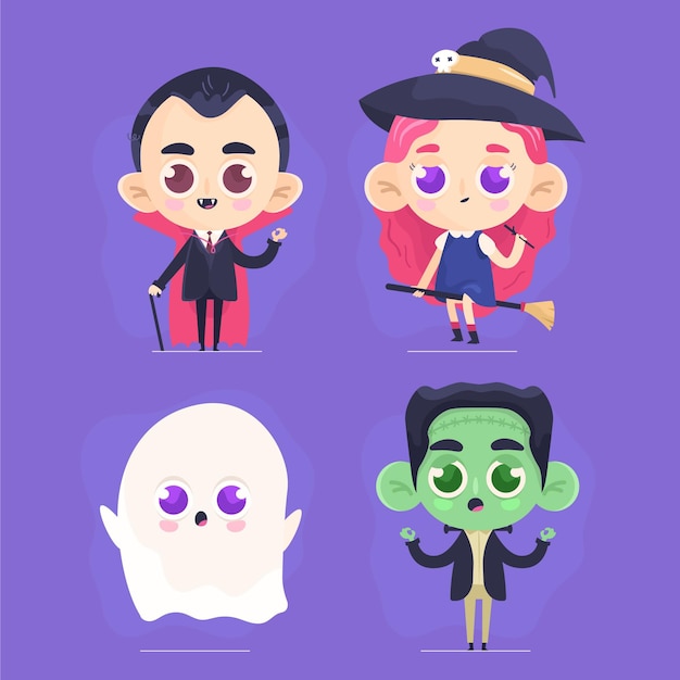 Flat halloween characters collection