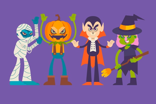 Free vector flat halloween characters collection