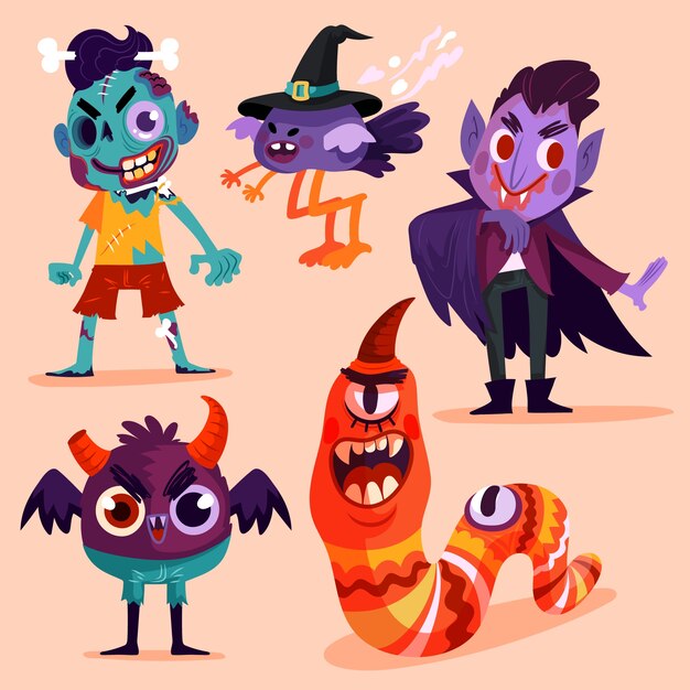 Flat halloween characters collection