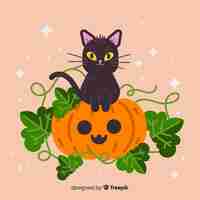 Free vector flat halloween cute cat and pumpkin with leaves