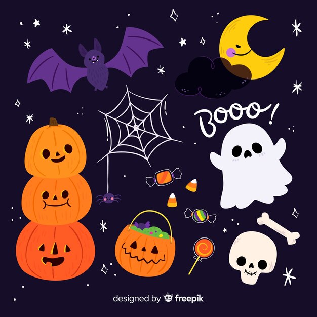 Flat halloween element collection in a starry night