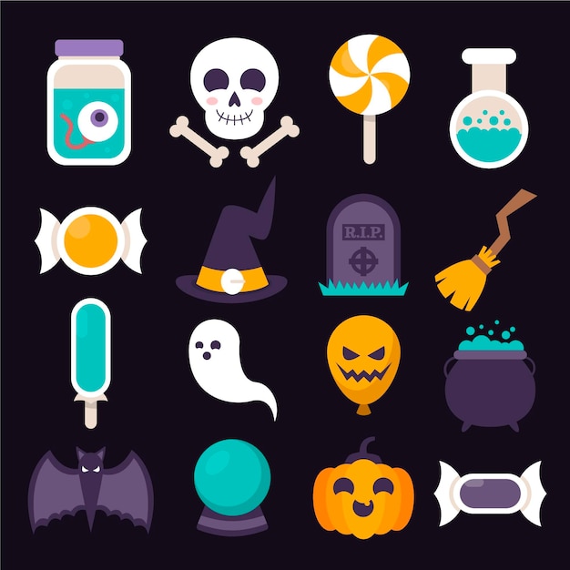 Бесплатное векторное изображение Коллекция плоских элементов хэллоуина