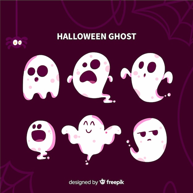 Flat halloween ghost collection with cobweb and spider