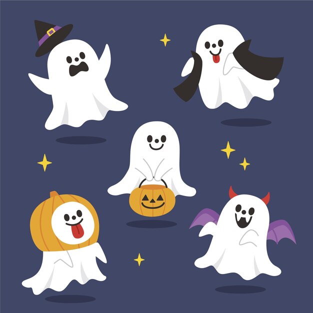 Flat halloween ghosts collection