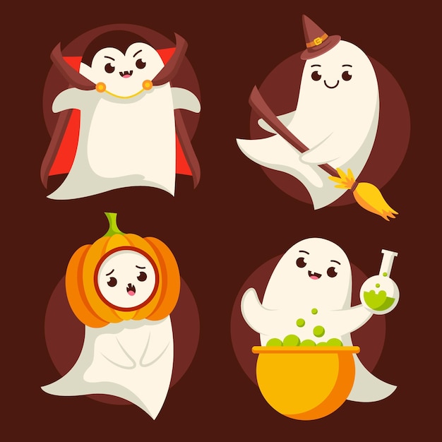 Flat halloween ghosts collection